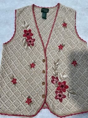 Vtg Country Classics By Koret Open Knit Cottagecore Embroidered Crochet Vest Y2K